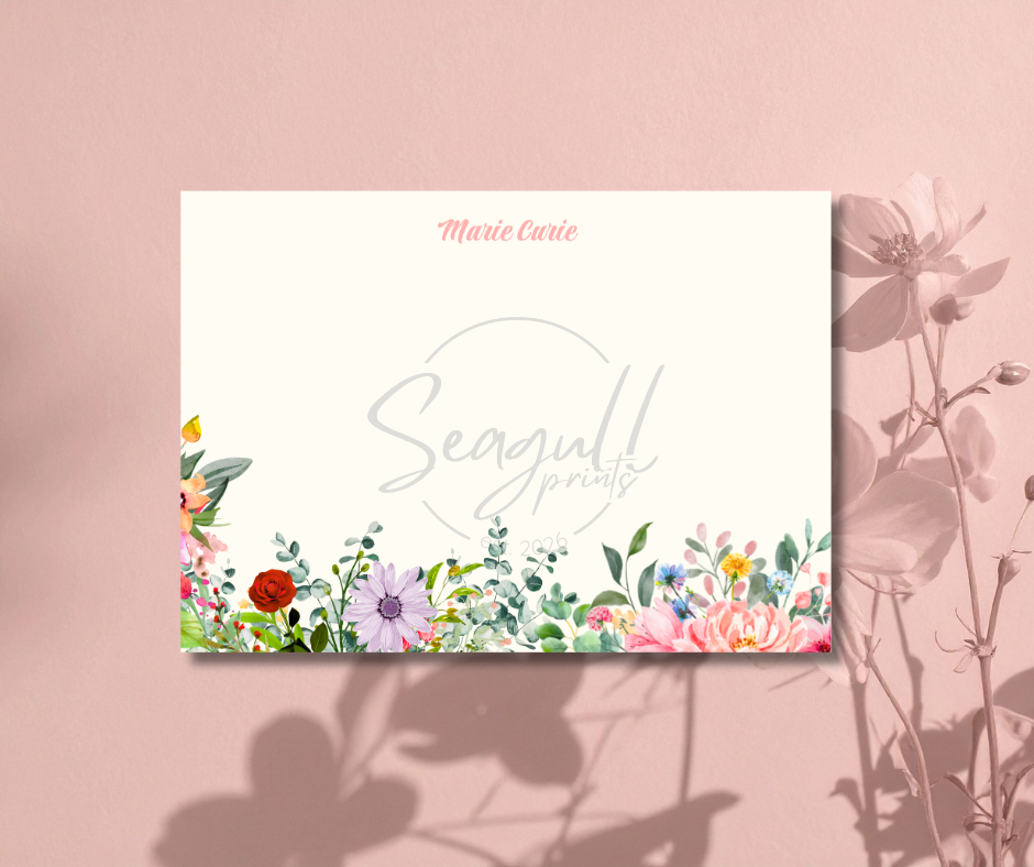 A stack of elegant A6 floral note cards made from premium textured cardstock, featuring a delicate botanical design around the edges, perfect for wedding thank you notes.