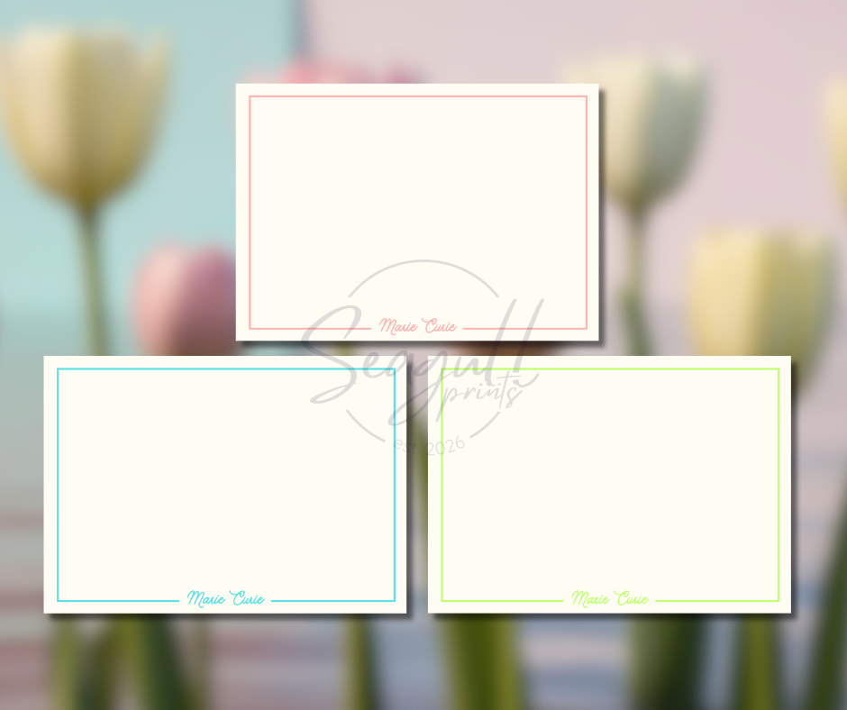 A variety pack of pastel note cards in soft pink, blue, and mint on A6 textured cardstock, perfect for wedding thank you notes.
