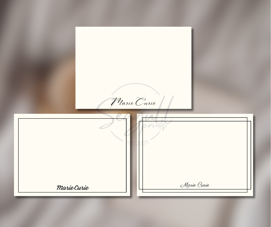 A stack of minimalist A6 note cards on premium white textured cardstock, ideal for elegant wedding thank you notes.