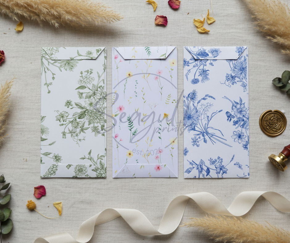 An elegant floral money envelope with a botanical design, suitable as a wedding money envelope or festive holiday angpao.