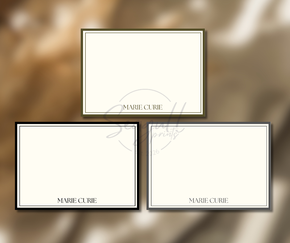 A stack of minimalist A6 note cards featuring a clean neutral border on premium white textured cardstock, perfect for wedding thank you notes.