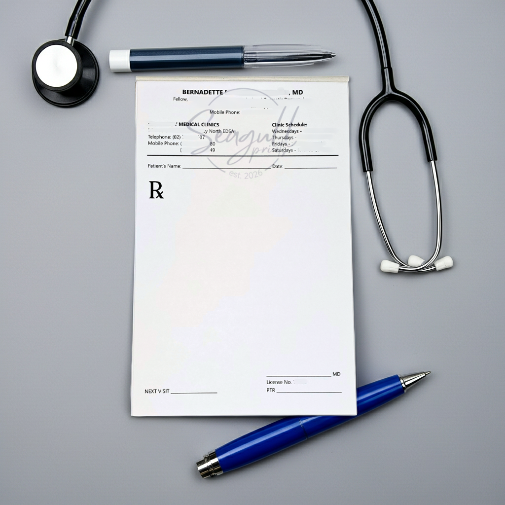 A medical script pad resting on a doctor’s desk next to a stethoscope, highlighting its professional size and clinical design.