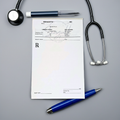 A medical script pad resting on a doctor’s desk next to a stethoscope, highlighting its professional size and clinical design.
